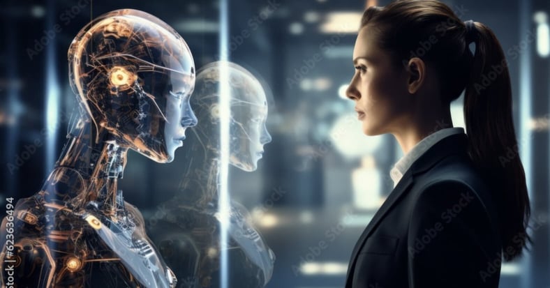 A woman looks at an intelligent robot face to face. 