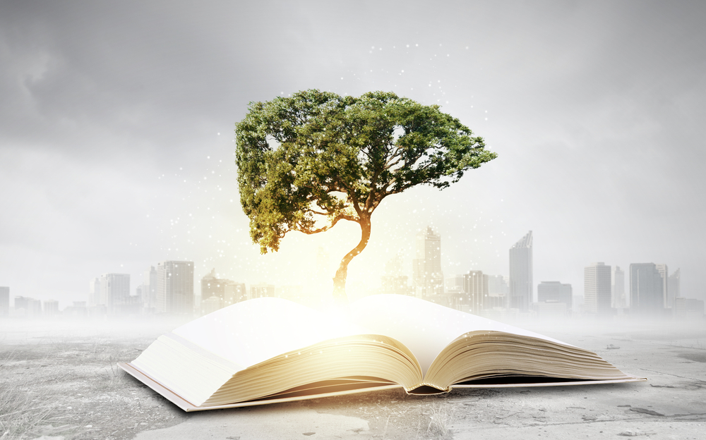 Open business book with small tree growing out of it